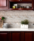 Peel and Stick Stone and Metal Tile Backsplash 12x12 in Perisa for kitchen with durable adhesive and realistic texture, on kitchen wall.