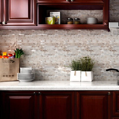 Peel and Stick Stone and Metal Tile Backsplash 12x12 in Perisa for kitchen with durable adhesive and realistic texture, on kitchen wall.