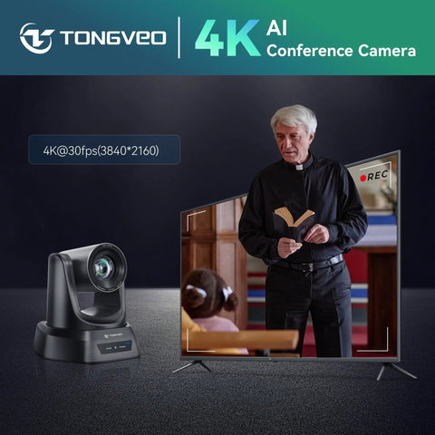 Crystal Clear 4K AI PTZ Camera With Auto Tracking And 20X Optical Zoom for conferences and church streaming, coal color.