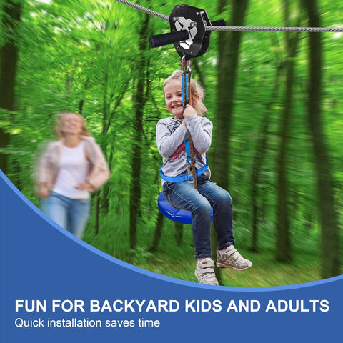 Child using 160Ft Backyard Zip Line Kit For Kids And Adults Up To 360 Lbs With Removable Trolley Thickened Seat in forest setting
