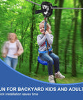 Backyard Zip Line Kit 120Ft And 150Ft For Kids And Grownups Up To 380 Lbs With Removable Lion Trolley in forest setting