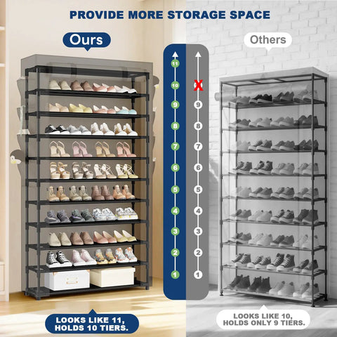 Tall Shoe Rack With Dustproof Cover And 11 Tier Floor Storage For Boots Sneakers Kicks Keeping Your Entryway Clutter Free A Total Game Changer Makes Your Daily Routine A Smooth Move And Keeps Your Space Looking Fresh All Year Long
