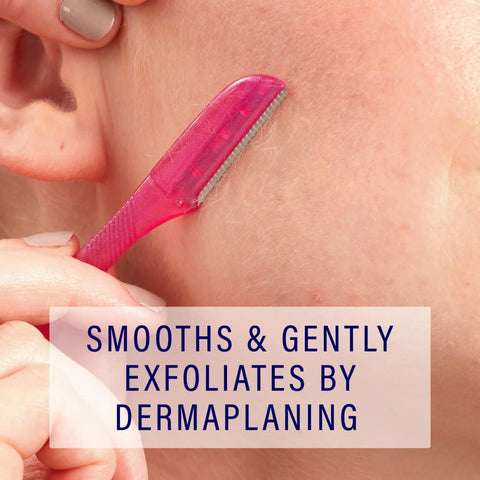 Using Hydro Silk Touch Up Dermaplane Razor With Precision Cover For Face And Brows 9ct on peach fuzz and exfoliating skin