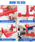 Professional Cabinet Hardware Jig For Handles And Pulls Aluminum Alloy Drilling Template showing assembly steps and handle spacing adjustment.