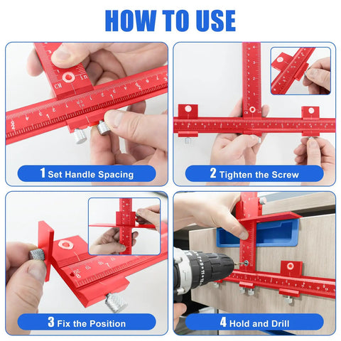 Professional Cabinet Hardware Jig For Handles And Pulls Aluminum Alloy Drilling Template showing assembly steps and handle spacing adjustment.