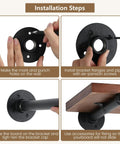Installation steps for Industrial Black Iron Pipe Shelf Brackets Wall Mount DIY Shelving with hands and tools shown.