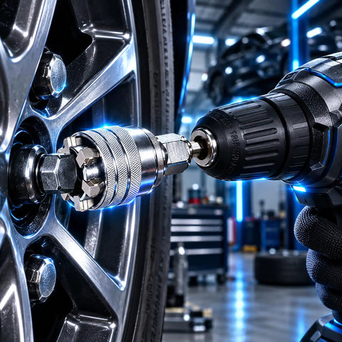 Premium Universal Socket Wrench Set Four Piece Adjustable Multi Jaw Tool fits three eighth drive nuts and bolts from 10mm to 19mm in use.