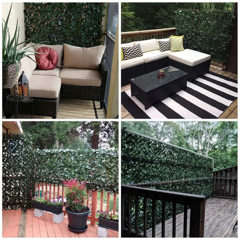 Expandable Privacy Screen Fence For Balcony And Backyard Outdoor Faux Ivy Panel 16 By 45 Inches Closed Expands To 92 Inches Wide With FSC Certified Willow Frame And Decorative Ivy Leaves And Flowers Low Maintenance Easy To Clean on balcony and patio settings