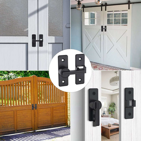 2 Pack Heavy Duty 180 Degree Barn Door Lock Hardware With Thickened Flip Latches, matte black finish on sliding doors and gates