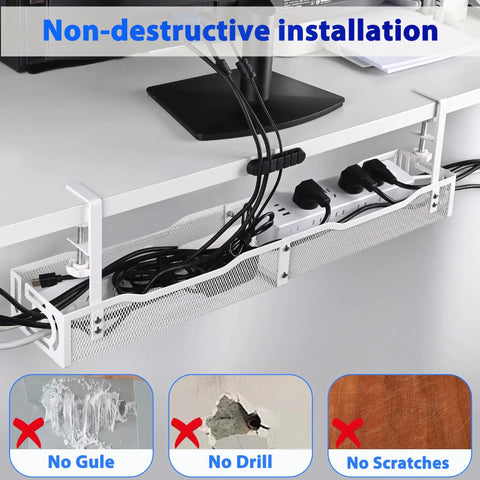 Massive 25 Point 3 Inch Under Desk Cable Management Box Clamp Mounted Cord Organizer Tray installed white no drill