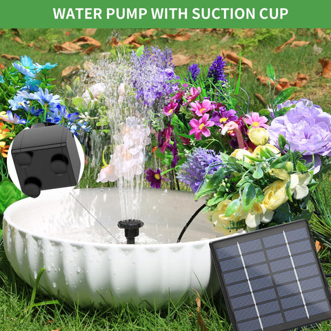 Solar Water Fountain Pump Kit For Outdoor Features 2026 Upgraded DIY Kit with 6 Nozzles and 9.8ft Power Cord in garden setting