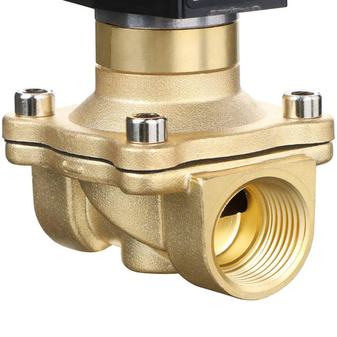 Close-up of a 12V DC brass electric solenoid valve, 1 inch NPT thread, normally open, with Viton seals and heavy-duty brass body.