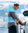 Level One And Level Two EV Charger With 25 Foot Cable, 16 Amp 110V/240V Dual Voltage in use charging an electric vehicle