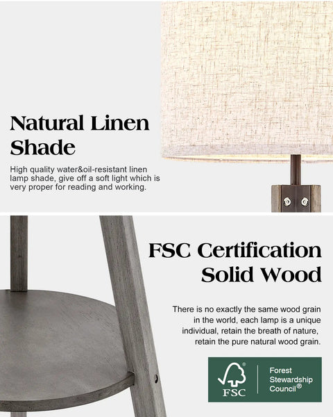 Solid Wood Tripod Floor Lamp With Built In Table And Corner Shelf Mid Century Modern Reading Lamp With Drum Shade Tall Brown Floor Lamp For Living Room Bedroom Or Office LED Bulb Included