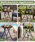 Compact Outdoor Folding Side Table With Tempered Glass Top And Heavy Duty Steel Frame For Backyard Hangouts shown in backyard, garden, poolside, and balcony settings.