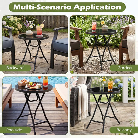 Compact Outdoor Folding Side Table With Tempered Glass Top And Heavy Duty Steel Frame For Backyard Hangouts shown in backyard, garden, poolside, and balcony settings.
