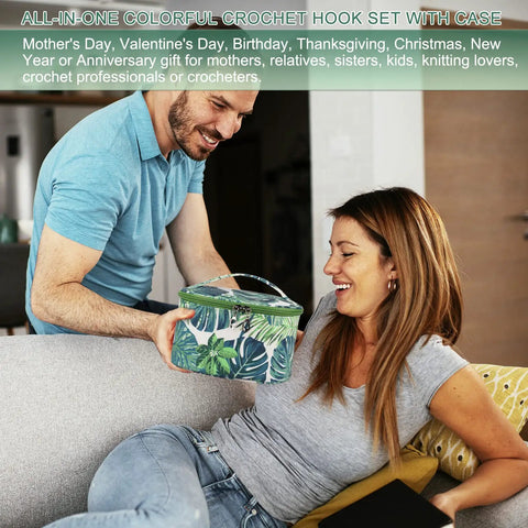 Man giving woman a green-leaves bag from the Beginner Crochet Kit With Yarn And Tools Learn To Crochet Set Includes Ergonomic Hooks