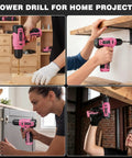 157 Piece Pink Cordless Drill Tool Set With LED Light And Variable Speed, used for drilling and assembly in home projects.