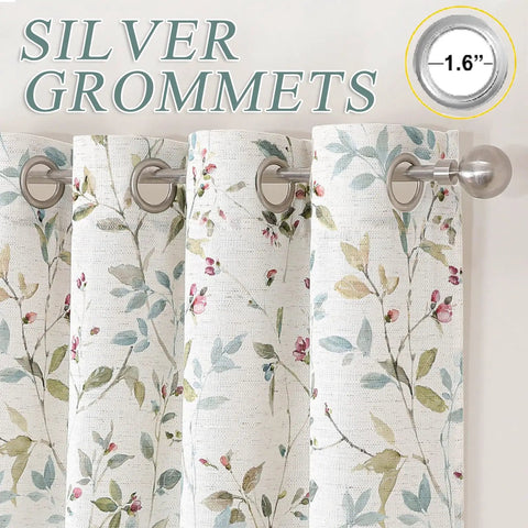 Light Filtering Linen Blend Floral Curtains For Cozy Bedroom And Living Room 38x45 Inches 2 Panels Grommet Drapes With Textured Print For Small Windows 2 Piece Set with silver grommets