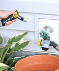 Relaxgrip Gardening Nozzle And Wash And Fill Set With No Squeeze Thumb Control spraying water on patio plants