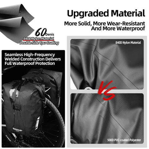 Image showing upgraded materials of Waterproof Bike Pannier Bag 25L with Quick Release TPU Coating and seam design for durability