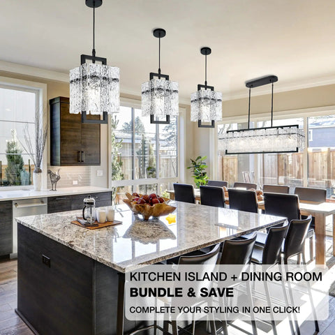 Dope Black Crystal Pendant Light For Kitchen Island With Handcrafted Water Ripple Glass Chandelier, Modern Elegant Adjustable Pendant Lighting For Dining Room And Bedroom, E12 Bulb Base, L6.5in x H11.8in