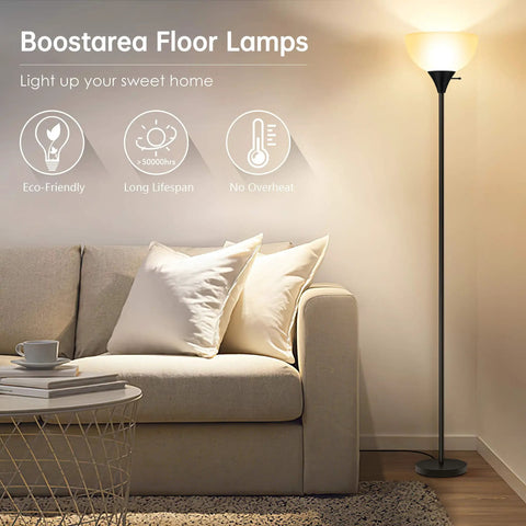 Tall Black LED Floor Lamp With Integrated LED Beads 70.1 Inches Torchiere beside sofa in living room setting