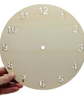 Front view: Creative Hobbies 9-inch round unfinished wood clock face with laser-cut white numerals
