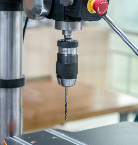 Heavy Duty Five Eighth Inch Keyless Drill Chuck With MT2 Shank For Wood Lathe And Pillar Drills attached, knurled grip visible.
