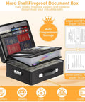 Ten Layer Fireproof Document Safe Box with lock, zippered pockets, black, showing storage for documents, passports, and money.