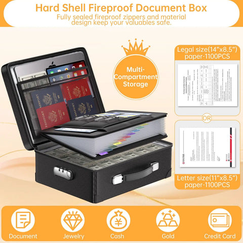Ten Layer Fireproof Document Safe Box with lock, zippered pockets, black, showing storage for documents, passports, and money.