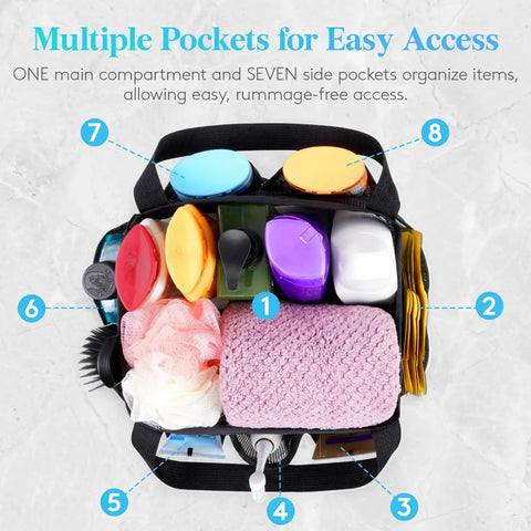 Top view of Dope Portable Mesh Shower Caddy With Seven Pockets, filled with toiletries, freestanding, black mesh and polyester.