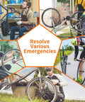Collage of cyclists using bike repair kit 16 in 1 multitool portable bicycle tools with tire patch kit for mountain and road bikes