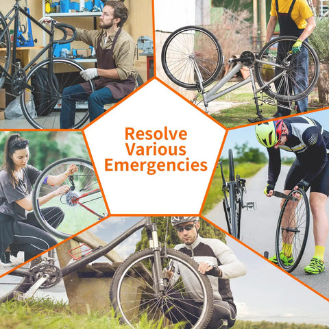 Collage of cyclists using bike repair kit 16 in 1 multitool portable bicycle tools with tire patch kit for mountain and road bikes