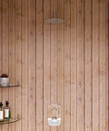 HomeStock Modern Single Panel Shower System with Hot Cold On Off Functions, Polished Finish on wooden wall with shower head.
