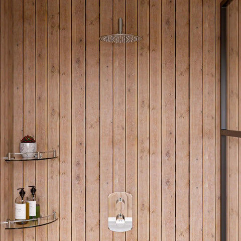 HomeStock Modern Single Panel Shower System with Hot Cold On Off Functions, Polished Finish on wooden wall with shower head.
