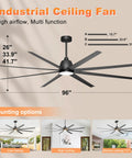 No Sweat 96 Inch Industrial Ceiling Fan With Bright Led Lights And 15000 Cfm Airflow Absolute Beast In Garage Warehouse Shop Or Barn Heavy Duty Rig With Safety Cables And Smart Switch Controls, showcasing dimensions and mounting options.