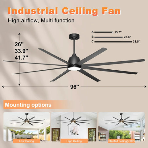 No Sweat 96 Inch Industrial Ceiling Fan With Bright Led Lights And 15000 Cfm Airflow Absolute Beast In Garage Warehouse Shop Or Barn Heavy Duty Rig With Safety Cables And Smart Switch Controls, showcasing dimensions and mounting options.