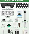 Package components for 17 Pod Hydroponics Growing System Kit With 102 28W Full Spectrum Grow Lights Two Fans Auto Timer Water Pump 10L Tank Height Adjustable Indoor Garden In Black And White Dope Setup, including light board, planting panel, water tank, and accessories.