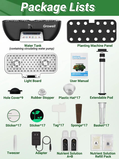 Package components for 17 Pod Hydroponics Growing System Kit With 102 28W Full Spectrum Grow Lights Two Fans Auto Timer Water Pump 10L Tank Height Adjustable Indoor Garden In Black And White Dope Setup, including light board, planting panel, water tank, and accessories.