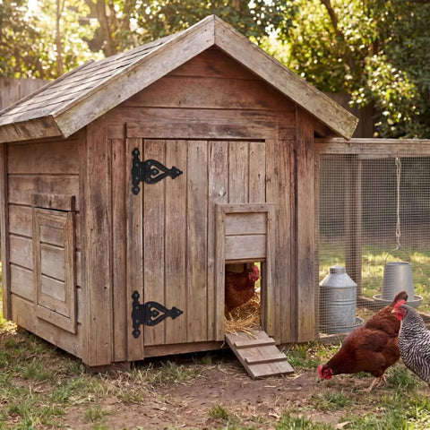 Wooden coop with Antique Cast Iron Heavy Duty T Hinges For Gates 5.3 Inch Vintage Black Decorative Hinges and chickens outside