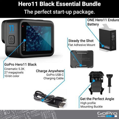 Hero11 Black Waterproof Action Camera With 5.3K60 Ultra HD Video And 27MP Photos Featuring Rock Steady Stabilization and accessories.