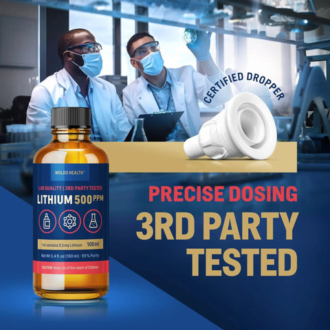 Lithium Orotate Solution 500 Ppm For Lab Use High Purity Laboratory Grade 3.38 Fl Oz bottle with certified dropper in lab setting