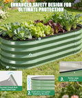 Galvanized Raised Garden Bed Kit 2 Pack 4x2x1 ft Oval Planter Boxes With Rubber Strip For Outdoor Veggies Flowers And Herbs Built To Last In Olive Green showcasing planted vegetables with safety features.
