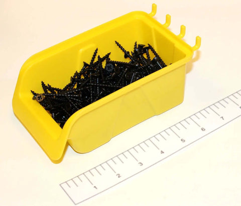 Yellow pegboard bin filled with black screws, part of Pegboard Bin Kit For Garage And Workshop Organization, 9 Durable Plastic Bins Sized 4 X 7 X 3 Inches.