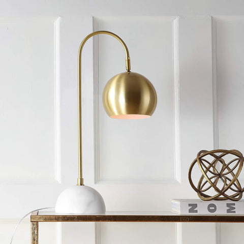 Brass Gold And White 23.5 Inch Metal Marble LED Table Lamp With Modern Arched Design in living room