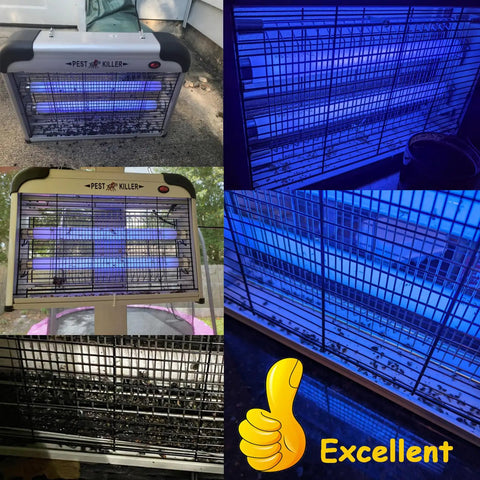 Indoor Electric Bug Zapper 2800V With 20W Blue Light Attractant showcasing front and side views with glowing blue bars
