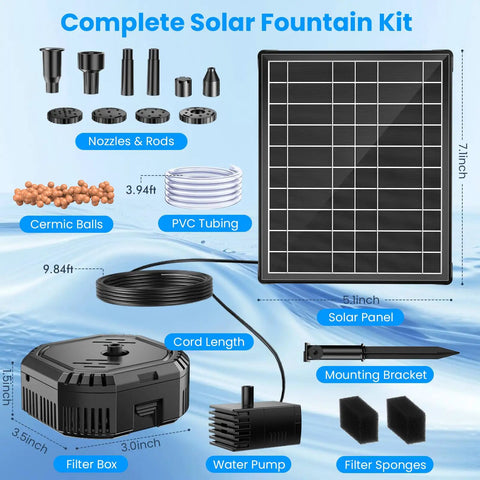 7W Solar Fountain Pump With 3600mAh Battery Backup And 8 Nozzles, PVC Tubing, Pond Filter for bird bath shown with components