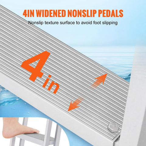 Removable Dock Ladder With 5 Steps And 350 Lbs Load Capacity For Pontoon Boats 4 Inch Wide Nonslip Pedals All Aluminum Design Built For Ship Lake Pool And Marine Boarding, 4in pedal closeup