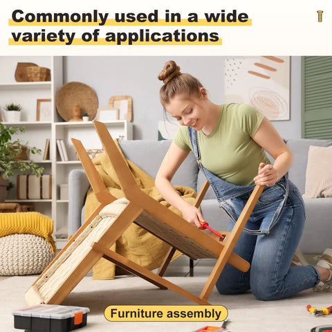 Woman assembling a chair using 304 Stainless Steel Round Head Phillips Drive Machine Screws M4 0.7x65 25 Piece Set